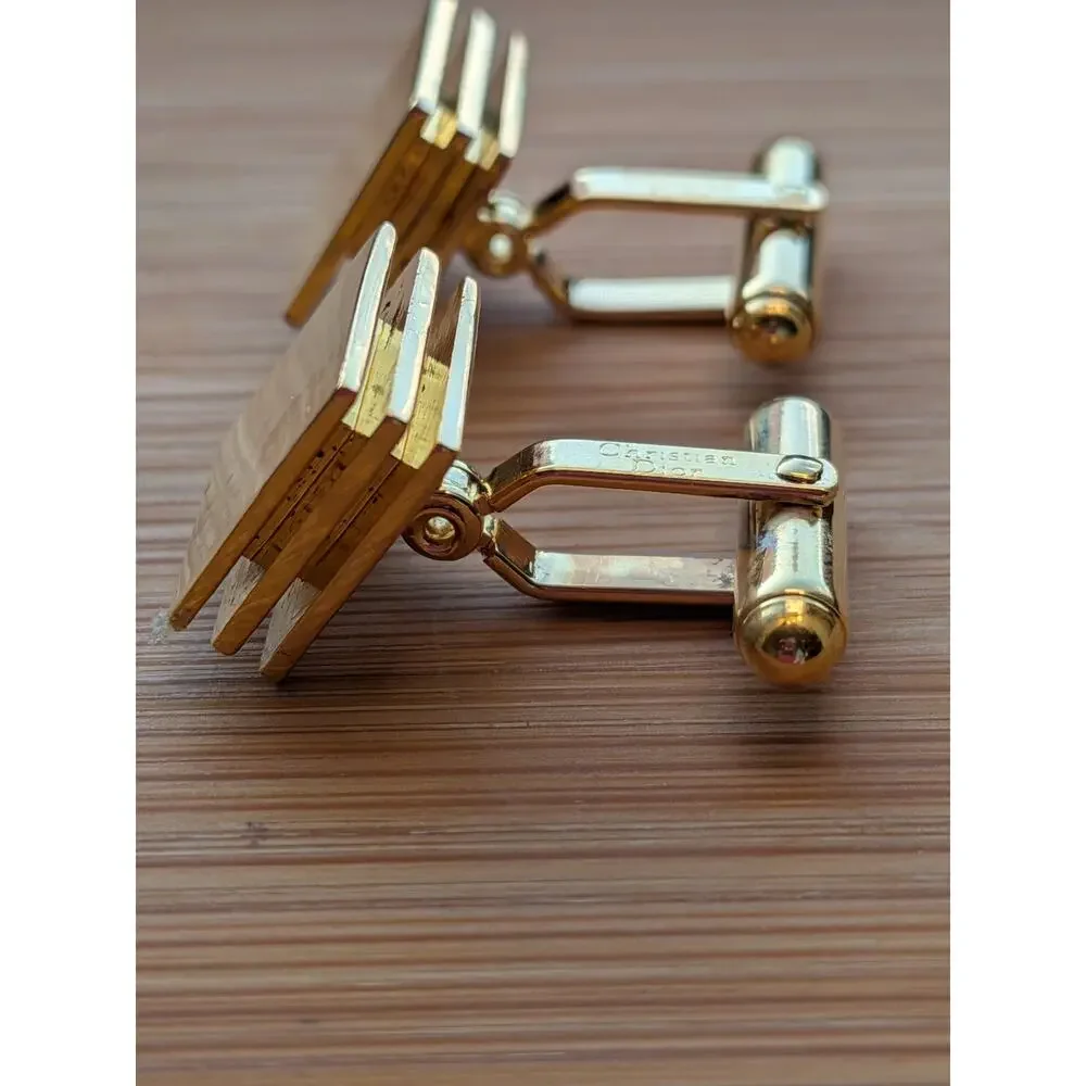 Christian Dior Logo Gold Tone Three Layered Square Cufflinks